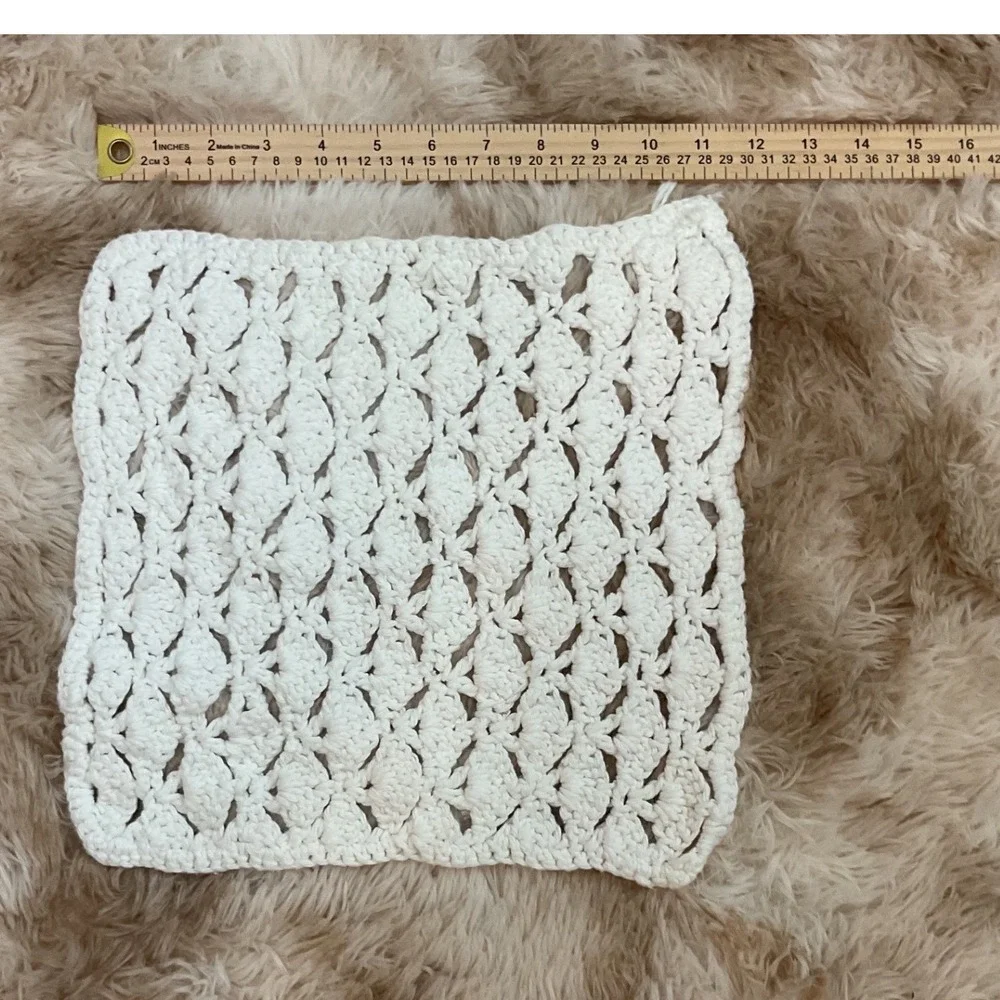 Handmade Crochet Shell Stitch Washcloth Doily Cream Off White 12.5in Square